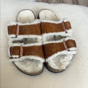Birkenstock Brown Shearling Slippers with Adjustable Straps